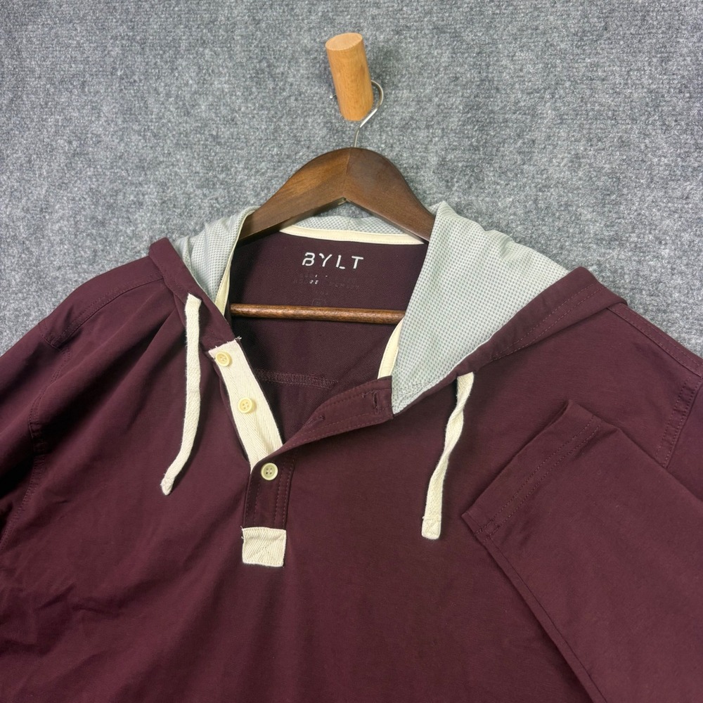 BYLT Hooded Henley Mens XL Maroon Drop Cut Long Sleeve Casual Pullover Hoodie